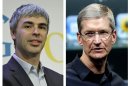A combination photo showing Google CEO Page in New York and Apple CEO Cook in Cupertino