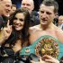 Britain's Froch celebrates with wife Rachael after defeating Germany's Abraham in their WBC super middleweights title bout at boxing event of Super Six World Boxing Classic in Helsinki