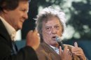 British playwright Stoppard speaks as British director Hare watches during the annual Literature Festival in Jaipur