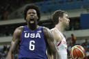 United States' DeAndre Jordan (6) celebrates in front of Spain's Pau Gasol, right, after dunking the ball during a semifinal round basketball game at the 2016 Summer Olympics in Rio de Janeiro, Brazil, Friday, Aug. 19, 2016. (AP Photo/Charlie Neibergall)