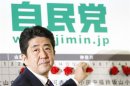 Japan's main opposition Liberal Democratic Party's leader and former Prime Minister Abe smiles as he puts paper roses on names of candidates, who are expected to win, at the LDP headquarters in Tokyo