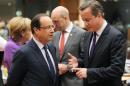French President Francois Hollande (L) talks with British Prime Minister David Cameron at the EU headquarters in Brussels on October 25, 2013