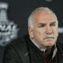 Chicago Blackhawks head coach Joel Quenneville listens to a reporter's question during a press conference in Boston, Tuesday, June 18, 2013. The Blackhawks trail the Boston Bruins 2-1 in the best-of-seven series in the Stanley Cup Finals. Game 4 is scheduled for Wednesday in Boston. (AP Photo/Charles Krupa)