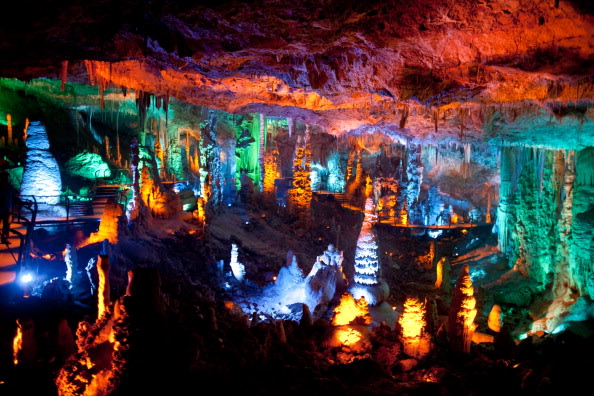 A general view of the Sorek stalactites cave as it is illuminated with a new lighting system on August 9, 2012 near Beit Shemesh, Israel. The cave, 82 meters long and 60 meters wide, was discovered ac