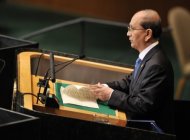 Myanmar President Thein Sein speaks during the 67th session of the United Nations General Assembly in New York. Sein said Thursday that a strong economy will be vital to the success of democratic reforms in his country, as he appealed for international investment and expertise