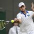 Andy Roddick of the U.S. hits a return to Jamie Baker of Britain during their men's singles tennis match at the Wimbledon tennis championships in London