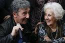 Estela de Carlotto, president of Grandmothers of Plaza de Mayo, right, and her grandson Ignacio Hurban hold a news conference in Buenos Aires, Argentina, Friday, Aug. 8, 2014. A provincial music teacher in Argentina, Hurban, is making his first public appearance since he was dramatically identified as the long-sought grandson of the country's leading human rights activist, Estela de Carlotto. The activist spent 36 years searching for the child taken from her daughter, who was executed by the military during the country's military dictatorship. (AP Photo/Natacha Pisarenko)