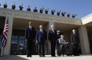 U.S. President Barack Obama stands alongside former presidents as they attend the dedication ceremony for the George W. Bush Presidential Center in Dallas