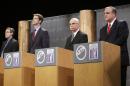 U.S. senate candidates, from left, Libertarian Nathan LaFrance, Republican Tom Cotton, Green Party Mark H. Swaney, and Democratic incumbent Mark Pryor listen to a question during a televised debate at the University of Central Arkansas in Conway, Ark., Monday, Oct.13, 2014. (AP Photo/Danny Johnston)