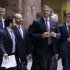 Sacramento, Calif., Mayor Kevin Johnson, right front, a former NBA basketball player, walks out of an NBA Board of Governors meeting during a break Wednesday, May 15, 2013, in Dallas. The meeting is an effort to resolve the five-month-long struggle over the future of the Sacramento Kings. The board's tasks: Decide whether the team should move to Seattle or stay in Sacramento, and then figure out who should own the franchise. (AP Photo/Tony Gutierrez)