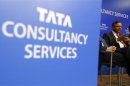 TCS Chief Executive N. Chandrasekaran speaks during a news conference in Mumbai