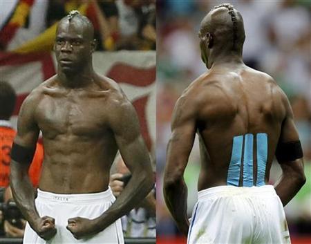 Combination picture shows Italy's Mario Balotelli celebrating his second goal during their Euro 2012 semi-final soccer match against Germany at the National stadium in Warsaw