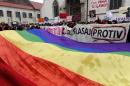 Croatian gay rights supporters hold a giant rainbow flag outside the parliament building in Saint Marko Square in Zagreb during a protest on November 30, 2013 on the eve of a constitutional referendum that could outlaw same-sex marriage