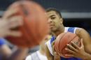 Kentucky guard Aaron Harrison drills during practice for an NCAA Final Four tournament college basketball semifinal game Friday, April 4, 2014, in Dallas. Kentucky plays Wisconsin on Saturday, April 5, 2014. (AP Photo/David J. Phillip)