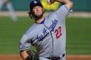 Los Angeles Dodgers starting pitcher Clayton Kershaw throws during the first inning of Game 2 of the National League baseball championship series against the St. Louis Cardinals Saturday, Oct. 12, 2013, in St. Louis. (AP Photo/Jeff Curry, Pool)
