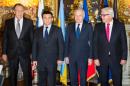 (From L) Russian FM Sergei Lavrov, Ukrainian FM Pavlo Klimkin, French FM Jean-Marc Ayrault and German FM Frank-Walter Steinmeier pose for a group photo prior to their meeting on the situation in Ukraine, in Paris on March 3, 2016