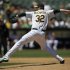 Athletics' McCarthy winds up during MLB American League baseball game against the Rangers in Oakland