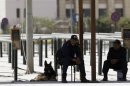 Police officers sit with a guard dog at the police academy, where the trial of Egypt's former president Mubarak is taking place, in Cairo