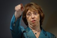 EU High Representative for Foreign Affairs Catherine Ashton gestures during a press conference after two days of closed-door nuclear talks on October 16, 2013 in Geneva