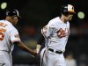 Baltimore Orioles' Matt Wieters, right, is greeted by third base coach DeMarlo Hale (45) after he hit a three-run home run against the New York Yankees during the first inning of a baseball game, Thursday, Sept. 6, 2012, in Baltimore. (AP Photo/Nick Wass)