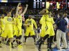 Michigan players react after the second half of the NCAA Final Four tournament college basketball semifinal game against Syracuse, Saturday, April 6, 2013, in Atlanta. Michigan won 61-56. (AP Photo/Charlie Neibergall)