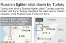 Map locates where a Russian fighter jet was shot down near the Syrian border; 2c x 4 1/4 inches; 96.3 mm x 107 mm;