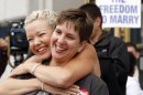 In this file photo from Aug. 12, 2010, gay couple Tara Walsh, left, and Wen Minkoff embrace outside City Hall in San Francisco. The U.S. Supreme Court decided Friday, Dec. 7, 2012, to hear the appeal of a ruling that struck down Proposition 8, the state's measure that banned same sex marriages. The highly anticipated decision by the court means same-sex marriages will not resume in California any time soon. The justices likely will not issue a ruling until spring of next year. A federal appeals court ruled in February that Proposition 8's ban on same-sex marriage was unconstitutional. But the court delayed implementing the order until same-sex marriage opponents proponents could ask the U.S. Supreme Court to review the ruling. (AP Photo/Ben Margot)