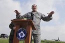 NATO's top military chief, General Breedlove, attends a news conference at Pristina Military Airport