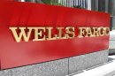 The logo for Wells Fargo bank is pictured in downtown Los Angeles