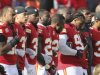 Kansas City Chiefs players stand arm-in-arm during a moment of silence before an NFL football game against the Carolina Panthers at Arrowhead Stadium in Kansas City, Mo., Sunday, Dec. 2, 2012. (AP Photo/Colin E. Braley)