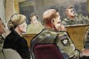 In this detail of a courtroom sketch, U.S. Army Staff Sgt. Robert Bales, seated at front-right, listens Monday, Nov. 5, 2012, during a preliminary hearing in a military courtroom at Joint Base Lewis McChord in Washington state. Bales is accused of 16 counts of premeditated murder and six counts of attempted murder for a pre-dawn attack on two villages in Kandahar Province in Afghanistan in March, 2012. At upper-right is Investigating Officer Col. Lee Deneke, and seated at front-left is Bales' civilian attorney, Emma Scanlan. (AP Photo/Lois Silver)