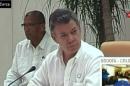 A screen grab from Telesur of Colombian President Juan Manuel Santos during a meeting with FARC guerrillas in Havana, September 23, 2015