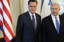 FILE - In this July 29, 2012 file photo, Republican presidential candidate, former Massachusetts Gov. Mitt Romney meets with Israel's Prime Minister Benjamin Netanyahu in Jerusalem. Romney is criticizing President Barack Obama for not planning to meet in person with Netanyahu next week, calling it "confusing and troubling." Romney said at a New York fundraiser Friday that Israel is America's 