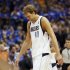 Dallas Mavericks' Nowitzki walks off the court during a timeout against the Oklahoma City Thunder during their NBA Western Conference quarter-final playoff basketball game in Dallas