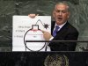 In this Thursday, Sept. 27, 2012 photo, Prime Minister Benjamin Netanyahu of Israel shows an illustration as he describes his concerns over Iran's nuclear ambitions during his address to the 67th session of the United Nations General Assembly at U.N. headquarters. Netanyahu's use of a cartoon-like drawing of a bomb to convey a message over Iran's disputed nuclear program this week, follows in a long and storied tradition of leaders and diplomats using props to make their points at the United Nations. (AP Photo/Richard Drew)