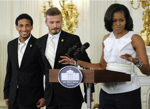Franklin and Beckham join Michelle Obama for a Let's Move! soccer event with students from across the country and members of the reigning Major League Soccer champion LA Galaxy, in the state dining room at the White House in Washington