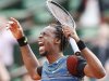 Monfils of France reacts during his men's singles match against Berdych of Czech Republic at the French Open tennis tournament in Paris