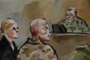 File-In this detail of a courtroom sketch, U.S. Army Staff Sgt. Robert Bales, center, is shown Monday, Nov. 5, 2012, during a preliminary hearing in a military courtroom at Joint Base Lewis McChord in Washington state. An Afghan National Army guard who reported seeing a U.S. soldier outside a remote base the night 16 civilians were massacred in March said the man did not stop even after being asked three times to do so. The guard, named Nematullah, testified by live video from Kandahar, Afghanistan, on Friday Nov. 9, 201 during an overnight session for a hearing in the case against Staff Sgt. Robert Bales. At right is Investigating Officer Col. Lee Deneke, and at left is Bales' attorney, Emma Scanlan. (AP Photo/Lois Silver) TV OUT