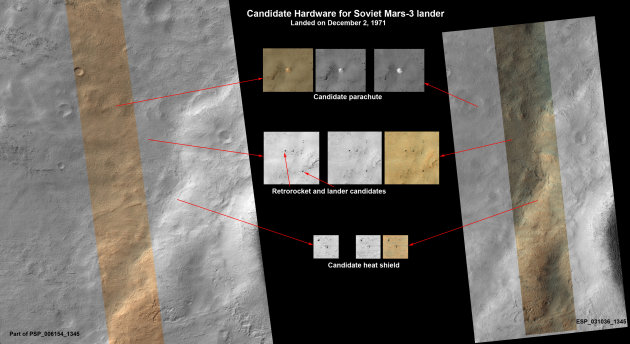 This image released by NASA shows a set of pictures taken by NASA's Mars Reconnaissance Orbiter showing what may be parts of a Soviet spacecraft that landed on Mars in 1971. Scientists say more work is needed to confirm that it is hardware from the Mars 3 lander. The spacecraft transmitted for 14.5 seconds on the Martian surface. (AP Photo/NASA)