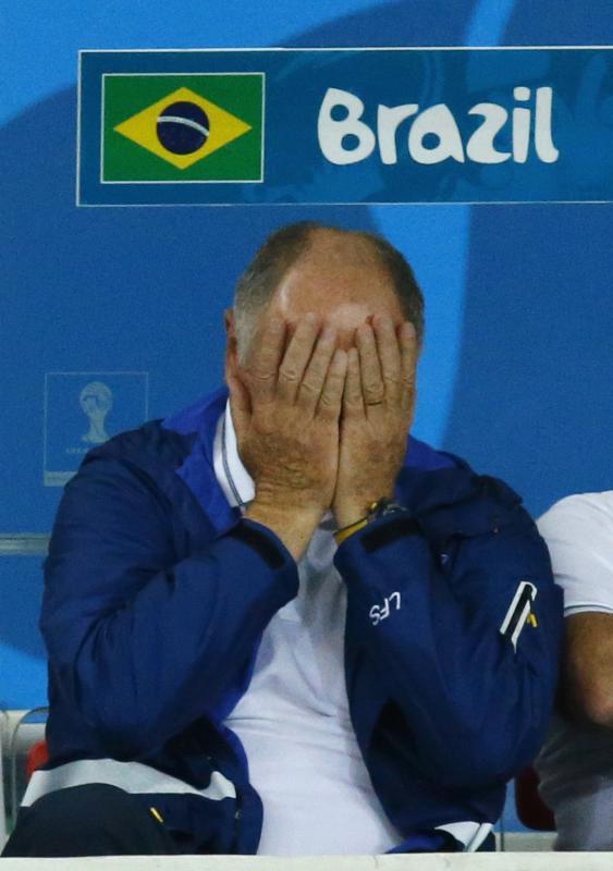 Brazil's coach Luiz Felipe Scolari reacts during his team's 2014 World Cup semi-finals against Germany in Belo Horizonte