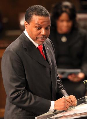 FILE - In this Feb. 7, 2007, file photo, megachurch pastor Creflo Dollar speaks during funeral services for HERO driver Spencer Pass at World Changers Church International in College Park, Ga. Dollar is seeking donations to buy a private jet valued at more than $65 million. The website of Creflo Dollar Ministries asked people Friday, March 13, 2015, to "Sow your love gift of any amount" to help the ministry buy a Gulfstream G650 airplane. (AP Photo/Atlanta Journal-Constitution, Phil Skinner, File)