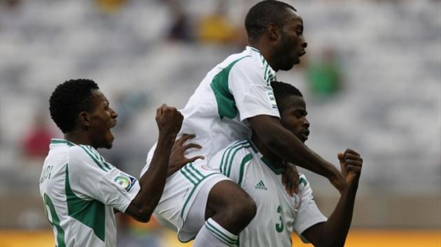 Nigeria's Uwa Echiejile (R) celebrates with his teammates after scoring a goal during their Confederations Cup Group B match against Tahiti (Reuters)