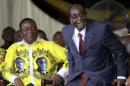 Zimbabwe's President Robert Mugabe shares a joke with his vice-President Emmerson Mnangagwa during Mugabe's birthday celebrations at Great Zimbabwe