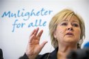 Norway's main opposition leader Erna Solberg of conservative party Hoyre answers questions during a news conference in Oslo