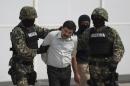 Joaquin "El Chapo" Guzman is escorted to a helicopter in handcuffs by Mexican navy marines at a navy hanger in Mexico City, Mexico, Saturday, Feb. 22, 2014. A senior U.S. law enforcement official said Saturday, that Guzman, the head of Mexicoís Sinaloa Cartel, was captured alive overnight in the beach resort town of Mazatlan. Guzman faces multiple federal drug trafficking indictments in the U.S. and is on the Drug Enforcement Administrationís most-wanted list. (AP Photo/Eduardo Verdugo)