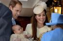 Britain's Queen Elizabeth II, right, speaks with Prince William and Kate Duchess of Cambridge as they arrive with their son Prince George at the Chapel Royal in St James's Palace, Wednesday Oct. 23, 2013. Britain's 3-month-old future monarch, Prince George will be christened Wednesday with water from the River Jordan at a rare four-generation gathering of the royal family in London. (AP Photo/John Stillwell/Pool)