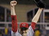 Cincinnati Reds starting pitcher Homer Bailey (34) celebrates getting the final out of a no-hitter in a baseball game against the Pittsburgh Pirates in Pittsburgh Friday, Sept. 28, 2012. The Reds won 1-0.  (AP Photo/Gene J. Puskar)