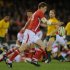 Welsh player Rhys Priestland (C) kicks the ball during the second Rugby Union Test against Australia