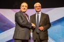 A picture dated August 5, 2014 shows Scotland's First Minister Alex Salmond (L) shaking hands with leader of Better Together campaign and former minister Alistair Darling (R) ahead of STV live television debate on Scottish independence in Glasgow