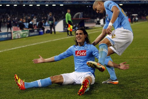 Napoli's Cavani celebrates after scoring against Manchester City during their Champions League soccer match in Naples